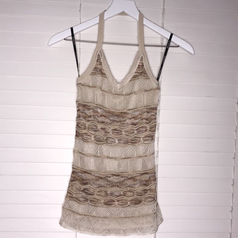 Bebe Knit and Metallic Halter Top Lined